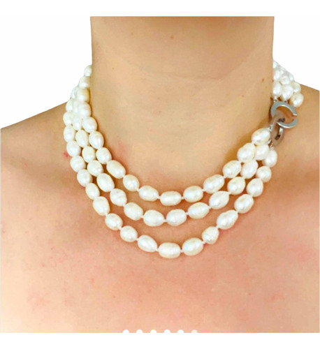 Gran Collar 3 Filas Perlas Cultivadas Akoya Genuinas 10-11mm