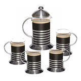 Set Cafetera Con Embolo + 4 Tazas Acero Inox  Vidrio 