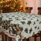 Toalha De Mesa Natal Natalina 6 Lugares Gliter Víes Dourado Cor Cherry Merry