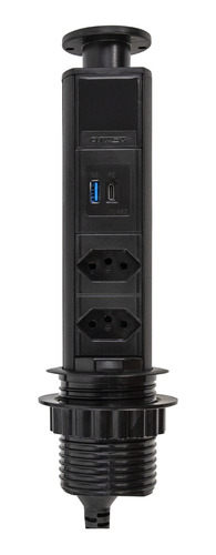 Torre 2 Tomada Embutir Retratil 20a 2 Usb Preto Preta