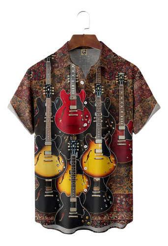 Camisa Hawaiana Unisex Marrón Rock Guitar, Camisa De Playa P