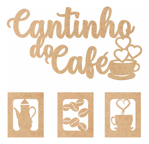 Kit Cantinho Do Café 4 Peças 30cm Mdf Cru Alto Relevo