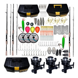 3 Kit Combo Equipo Completo Pesca Caña Maciza Reel Caja Acce