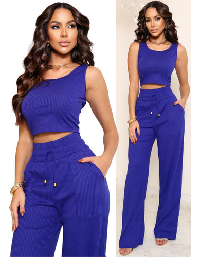 Conjunto Calça Pantalona Wide Leg Feminino E Blusa Cropped. 