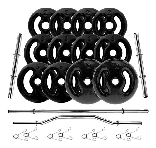 50kg Anilhas Emborrachadas + 4 Barras Fitness Kit 24 Peças