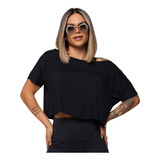 Cropped Ombro A Ombro De Viscose Preta Moving