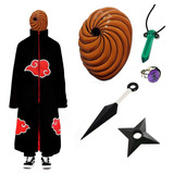 Kit Capa Akatsuki Máscara Tobi Kunai Shuriken Colar Anel T05