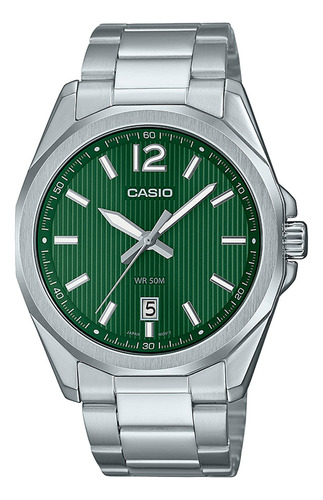 Reloj Hombre Casio Mtp-e725d-3avdf Core Mens Color De La Correa Plateado Color Del Bisel Plateado Color Del Fondo Verde