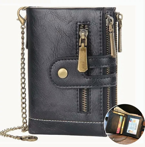 Cartera De Piel Hombre Portátil Billetera Con Cadena