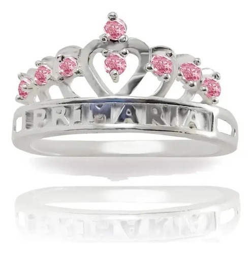 Anillo Graduación Corona Plata Primaria Con Piedras Rosas