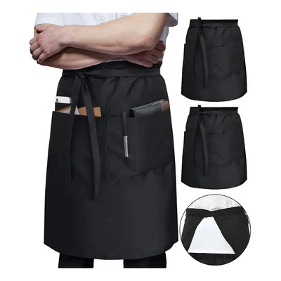 2 Pzs Medio Mandil Delantal Negro Unisex Con 3 Bolsillos Impermeable Antigrasa Para Chef Mesero Cocina Restaurante Bar Trabajo | Meses sin interés