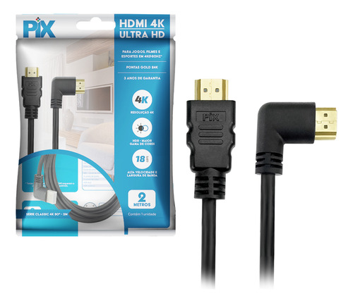 Cabo Hdmi Pix 2.0 4k Hdr Ultra Hd 19 Pinos Gold 2m Ponta 90 Graus