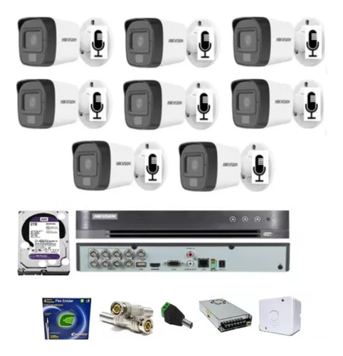 Kit Dvr 08 Canais Hikvision  / 08 Cameras Com Áudio / Hd 2t