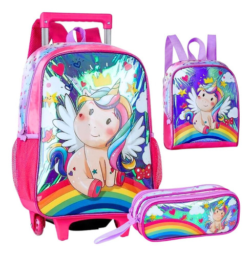 Kit Mochila De Rodinha Infantil Menina Unicórnio Escolar