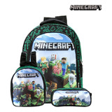 Kit Mochila Escolar Infantil Jogo Minecraft Grande De Costas