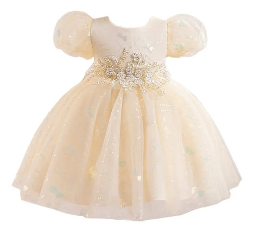 Vestido Infantil Con Manga Esponjosa, Encaje, Decoración Flo