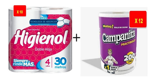 Combo Papel Higienol Dh X10 + Rollo De Cocina Campanita X12