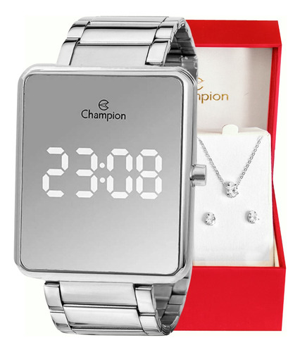Relógio Feminino Champion Espelhado Digital Colar E Brincos