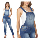 Macacão Feminino Jeans Com Alça Regata Jardineira Longa Gold