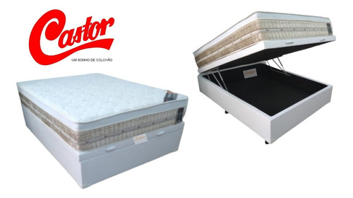 Colchão Castor Casal Firme Top De Linha + Cama Baú Blindada Cor Corino Branco