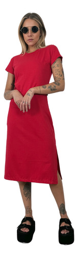 Vestido Midi Camiseta Com Fenda Aveloz Vermelho