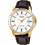 Reloj De Pulsera Casio Enticer Mtp-v004 De Cuerpo Color Dorado, Analógico, Para Hombre, Fondo Blanco, Con Correa De Cuero Color Marrón, Agujas Color Dorado, Dial Negro, Minutero/segundero Negro, Bisel