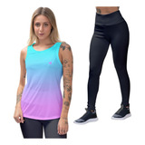 Kit Calça Legging Camiseta Feminina Fitness Treino Uv
