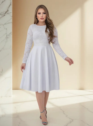 Vestido Casamento Godê Manga Longa Moda Evangélica Cinto | Parcelamento sem juros