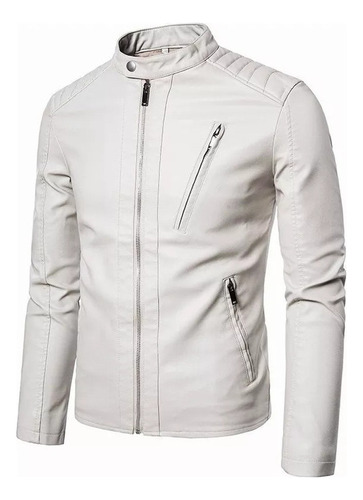 H Jaqueta Couro Masculina Fashion Slim Fit Tipo Biker Branca