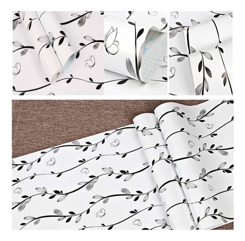 Papel Vinilo Tapiz Adhesivo Blanco Flor Negra 10 M X 45 Cm 