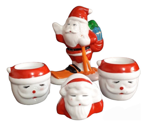 Kit Centro De Mesa Natalino Porcelana, Papai Noel C/4 Peças 