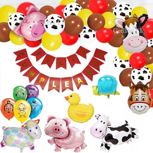 Kit Deco Cumple  Granja Globos Animalitos Granja Banderin 