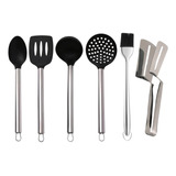 6 Utensílios Cozinha Em Silicone E Inox Talheres Resistentes