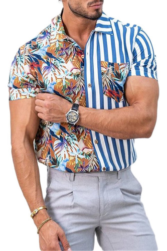 Camisa De Manga Corta Estampada A Rayas Casuales Para Hombre