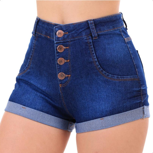 Shorts Jeans Feminino Cintura Alta Barra Dobrada Com Lycra 