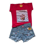 Conjunto Infantil Blusa T-shirt E Shorts Jeans Menina