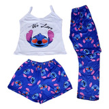 Pijama Stitch Ojos Cora 3 Pzas Blusa Tirantes Short Pantalón