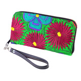 Cartera Monedero Dama Con Bordado Artesanal Color Verde