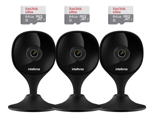 3 Câmeras Wi-fi Imx C Black Mibo Intelbras + 3 Cartão 64gb
