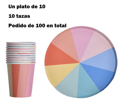 100 Platos Y Vasos De Papel Desechables De Colores