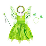 Ropa Cosplay Para Niños Elfos Verdes, Vestido + Alas + Palos De Hadas + Guirnaldas + Tocado. Juego De 5 Piezas