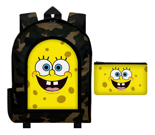 Combo Mochila Reforzada Camuflada + Cartuchera Bob Esponja