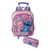 Mochila Infantil Lilo & Stitch Rosa Filme Rodinha G + Estojo