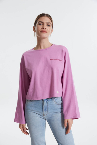 Remera Crop Manga Larga Estampa Smile Rosa Mujer System