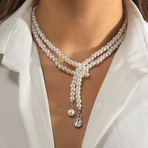 Collar De Diamantes Con Gotas De Agua Con Borlas De Perlas
