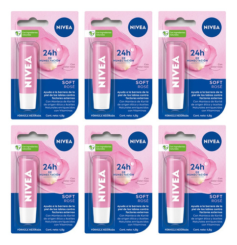 Nivea Protector Labial Humectante Soft Rose 4,8 Gr Pack X6