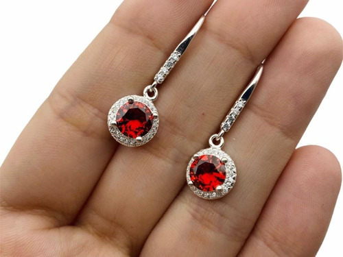 Aros Colgantes Plata 925 Redondos Cubic Rojo Regalo Mujer