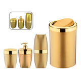 Kit Dispenser Porta Escova Algodão Lixeira Dourado Banheiro
