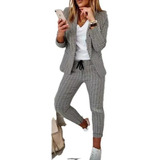 Conjunto De Pantalones Largos Estampado Cuadros Blazer Mujer