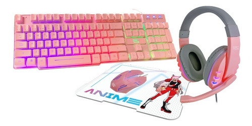 Combo Gaming Teclado + Mouse + Pad Mouse + Auricular Anime Color Del Teclado Rosa Color Del Mouse Rosa Claro